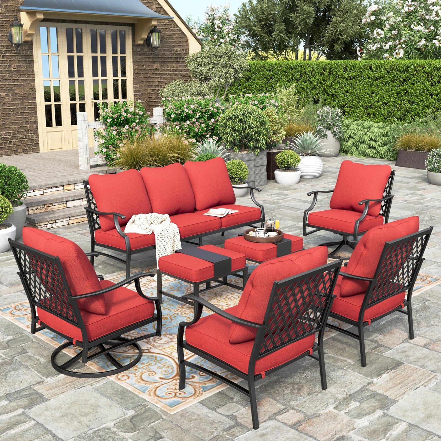HERA'S HOUSE 7 Piece Patio Furniture Set, 2 x Rocking Chair, 2 x Fixed Chair, 2 x Ottoman, 1 x 3-Seat Sofa, All Cushioned 9 Seats Outdoor Conversation Set for Lawn Garden Backyard