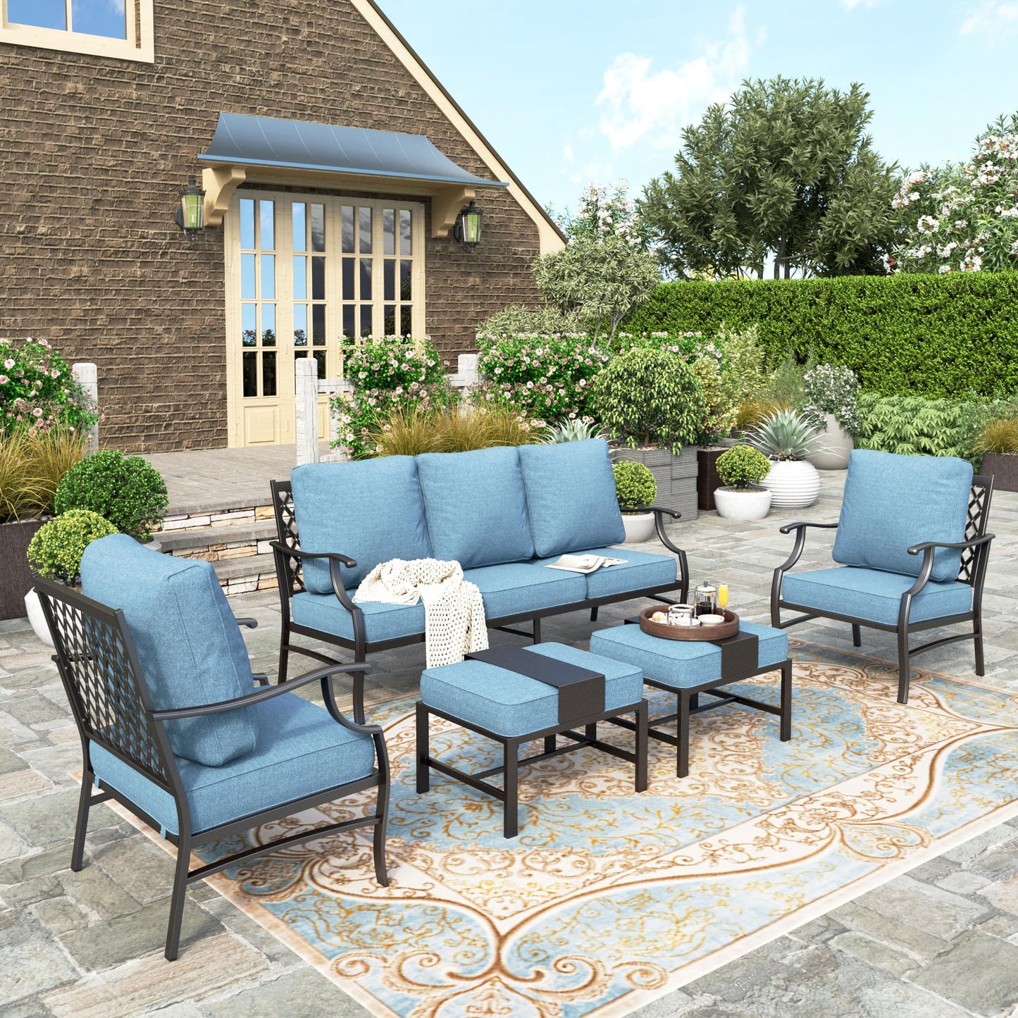 HERA'S HOUSE 7 Piece Patio Furniture Set, 2 x Rocking Chair, 2 x Fixed Chair, 2 x Ottoman, 1 x 3-Seat Sofa, All Cushioned 9 Seats Outdoor Conversation Set for Lawn Garden Backyard