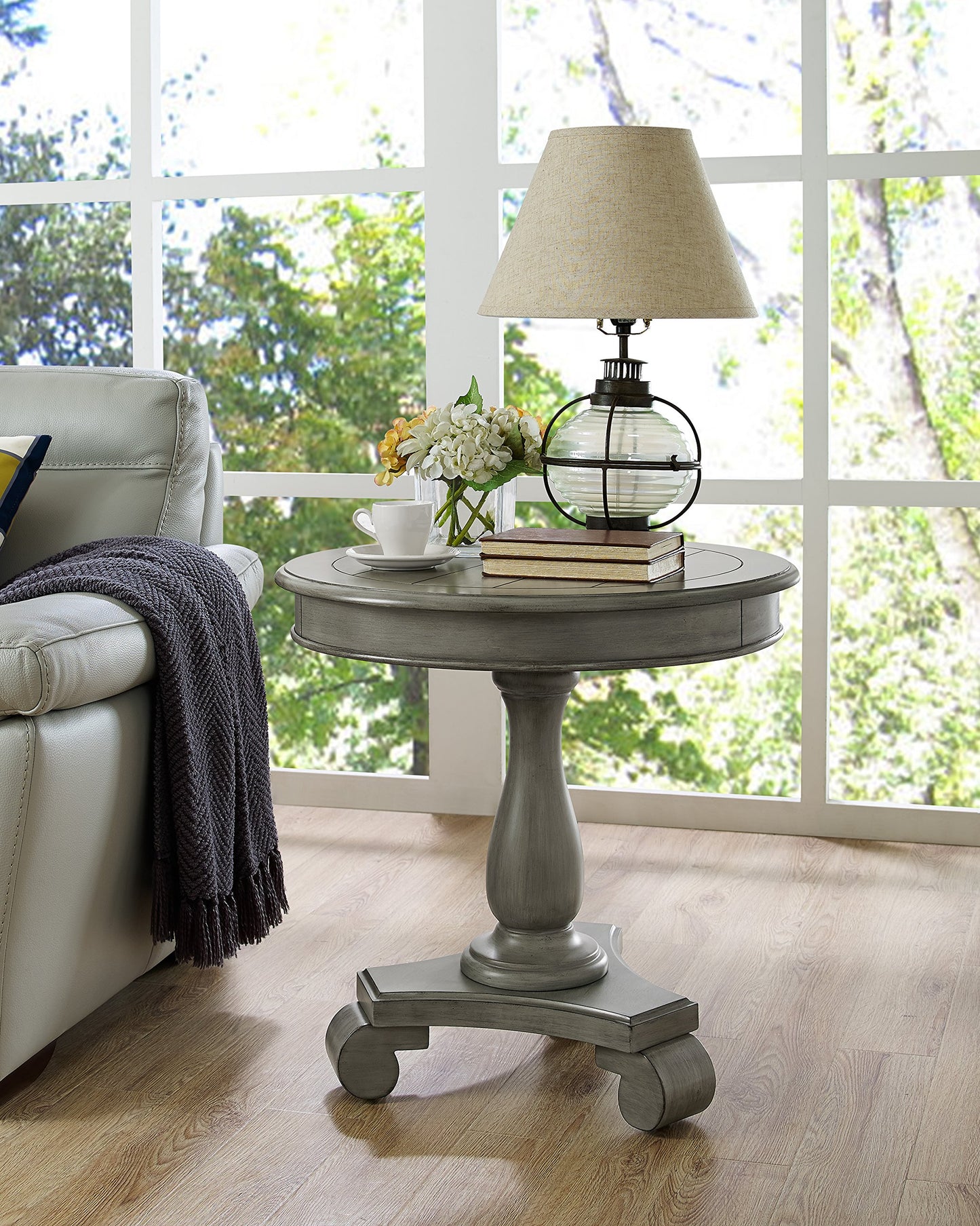 Roundhill Furniture Rene Round Wood Pedestal Side Table, Antique White