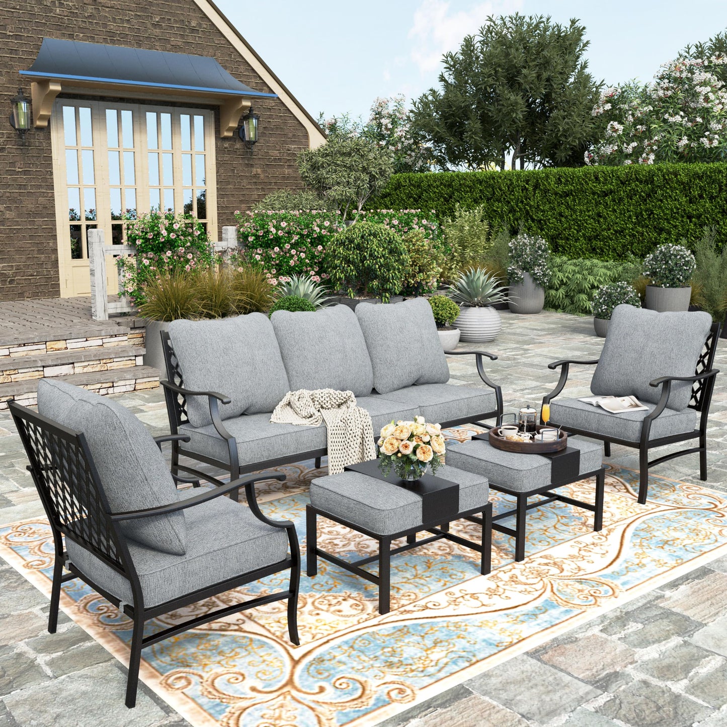 HERA'S HOUSE 7 Piece Patio Furniture Set, 2 x Rocking Chair, 2 x Fixed Chair, 2 x Ottoman, 1 x 3-Seat Sofa, All Cushioned 9 Seats Outdoor Conversation Set for Lawn Garden Backyard