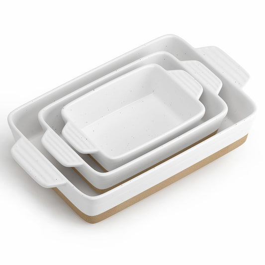 Ceramic Baking Dish, Casserole Dishes for Oven, Extra Deep Lasagna Pans with Handles, Rectangular Bakeware Set of 3 from Oven to Table, Easy to Clean, 14.7 x 8.7 x 3 Inches, White