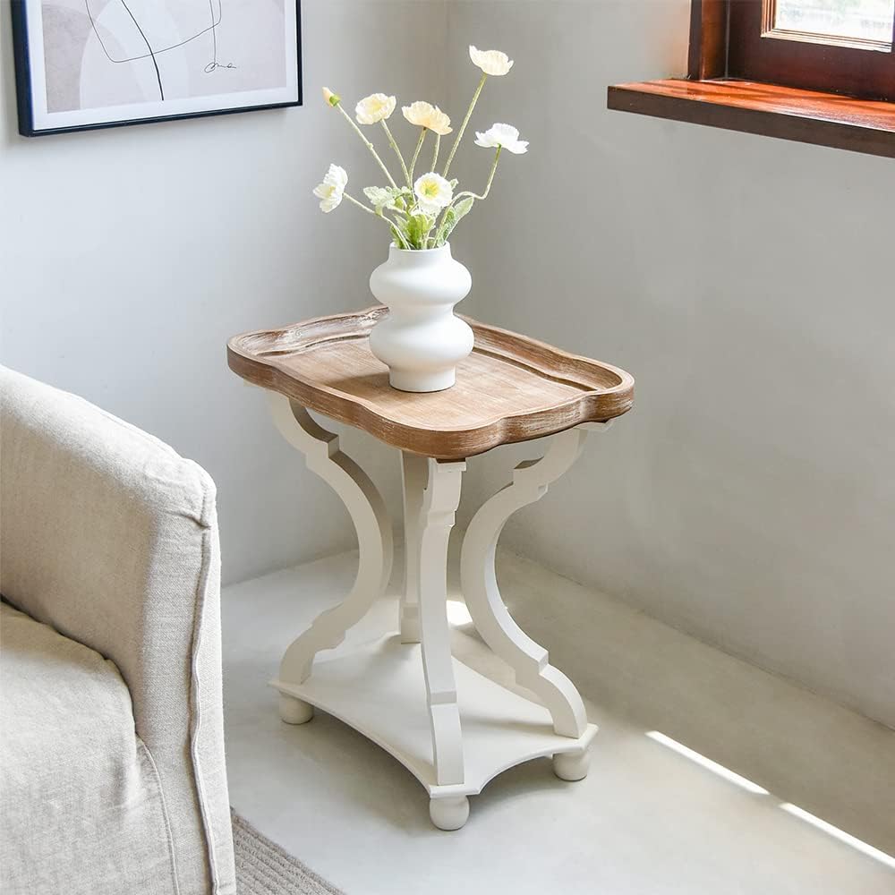 Kinfant Square Accent Side Table - Vintage Wood End Table Sofa Table with Bottom Shelf for Living Room, Bedroom, Office, White