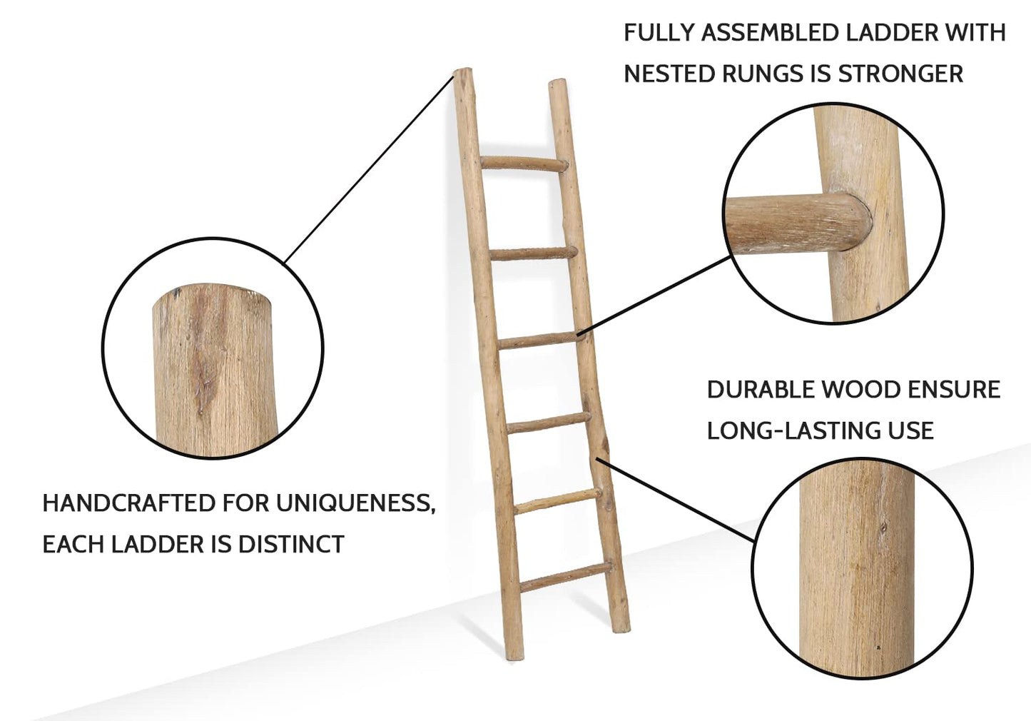 FUIN Fully Assembled 57in Wood Blanket Ladder Living Room Decorative Wall Leaning Farmhouse Quilt Display Holder Rustic Wooden Towel Rack for Bathroom, Unfinished