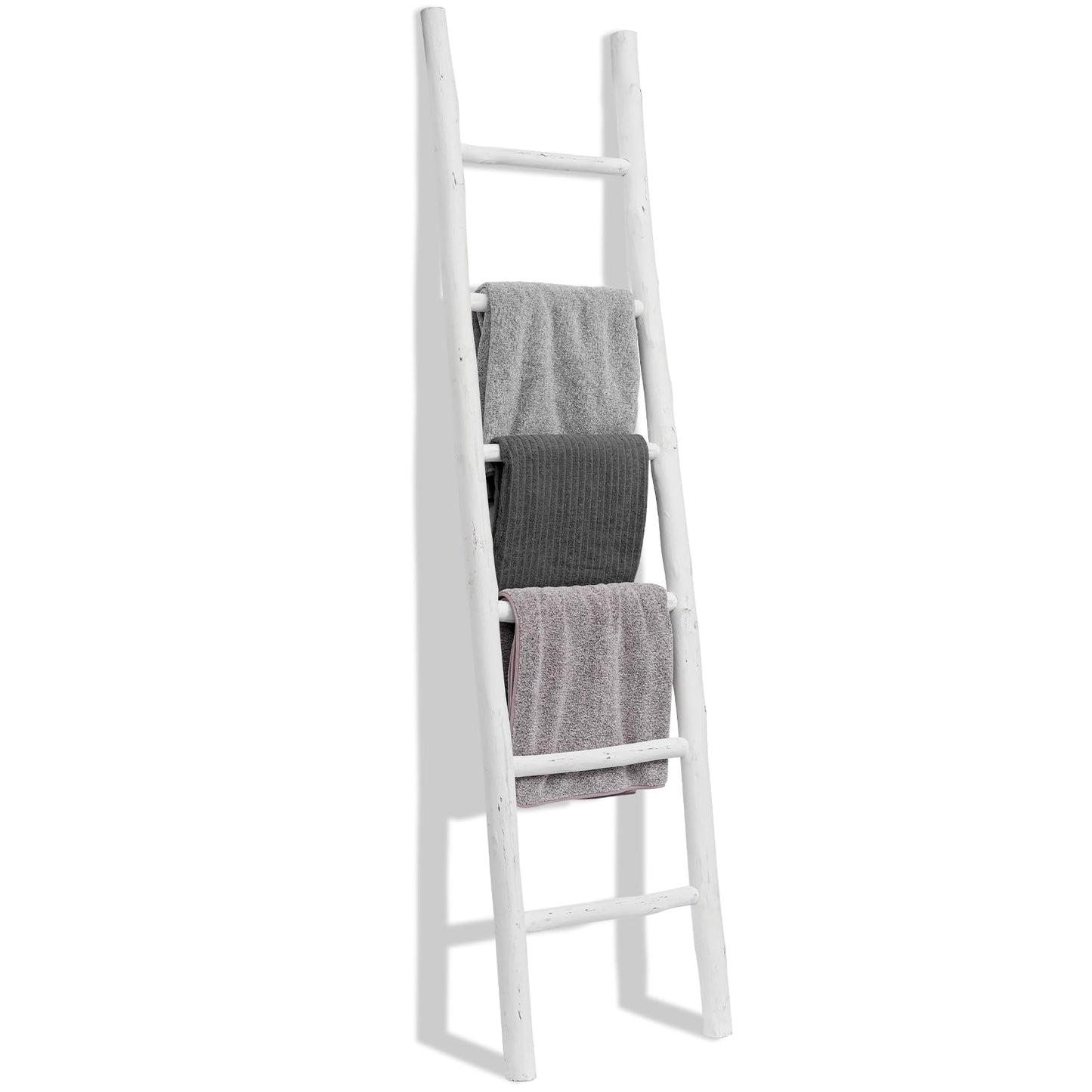 FUIN Fully Assembled 57in Wood Blanket Ladder Living Room Decorative Wall Leaning Farmhouse Quilt Display Holder Rustic Wooden Towel Rack for Bathroom, Unfinished