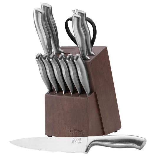 Chicago Cutlery Insignia Steel (18-PC) Kitchen Knife Block Set & Built-In Sharpener, Contoured Ergonomic Handles and Sharp Stainless Steel Professional Chef Knife Set & Scissors With Bottle Opener