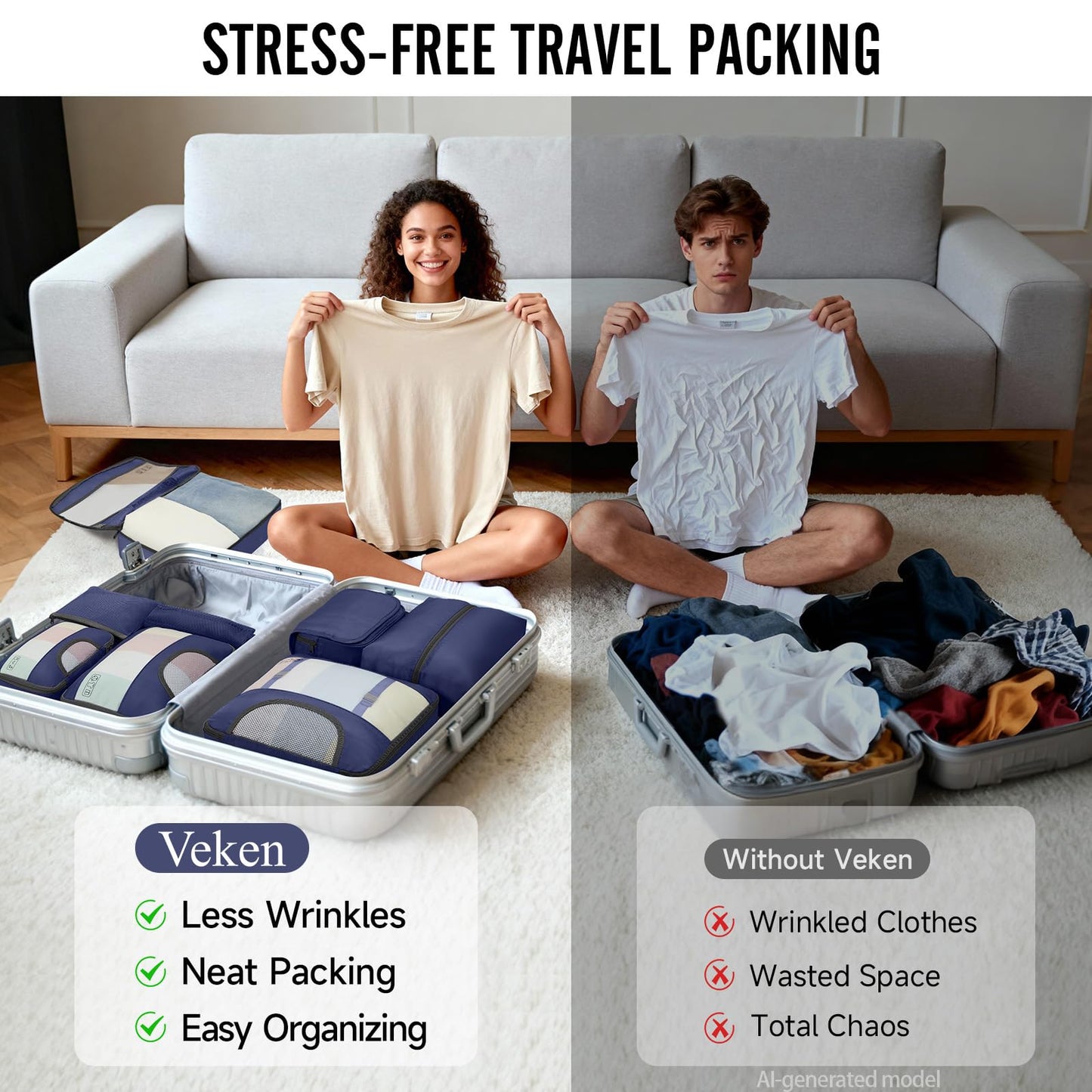 Veken 10 Set/8 Set Packing Cubes for Travel Essentials,Anti-Wrinkle Buckled Suitcase Organizer for Shoe & Toiletry Bag,Carry On Luggage Bag for Airplane & College Dorm Room Accessories,Women Men Gifts