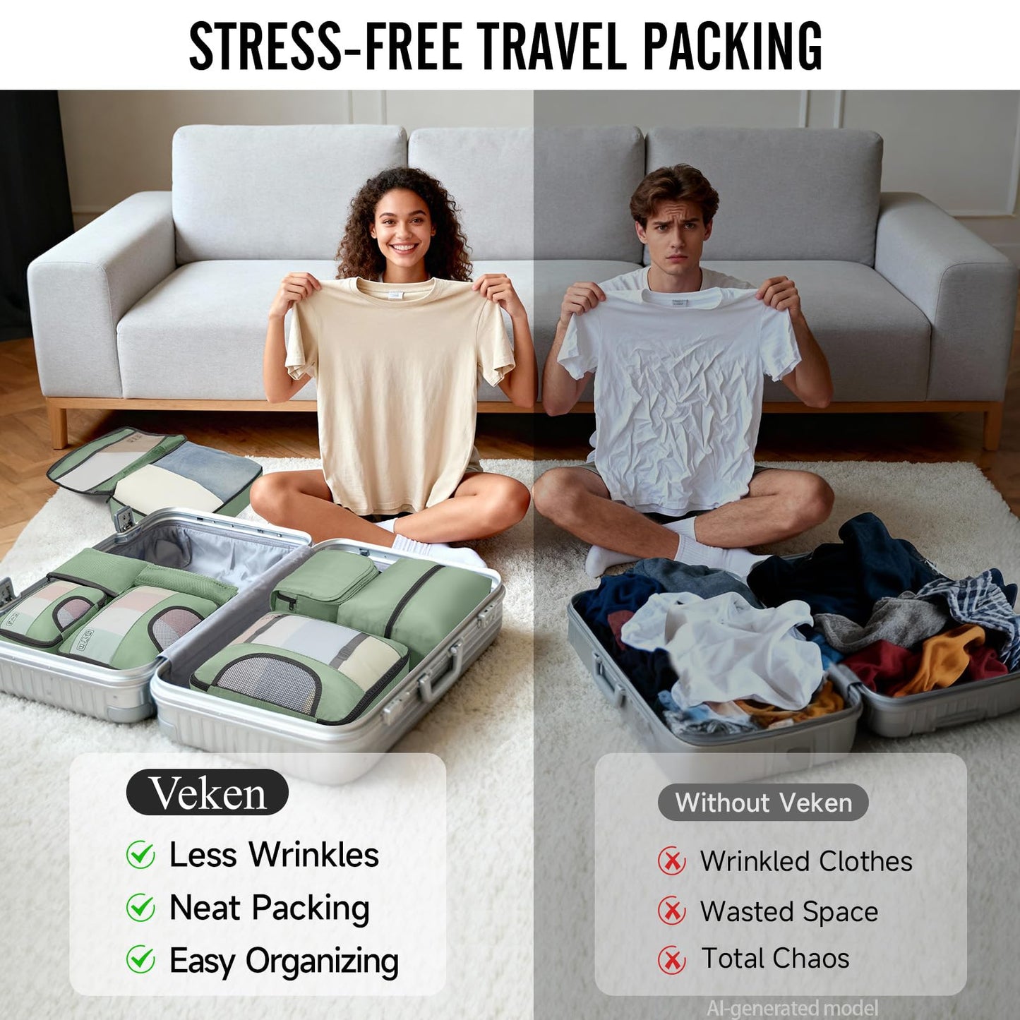 Veken 10 Set/8 Set Packing Cubes for Travel Essentials,Anti-Wrinkle Buckled Suitcase Organizer for Shoe & Toiletry Bag,Carry On Luggage Bag for Airplane & College Dorm Room Accessories,Women Men Gifts