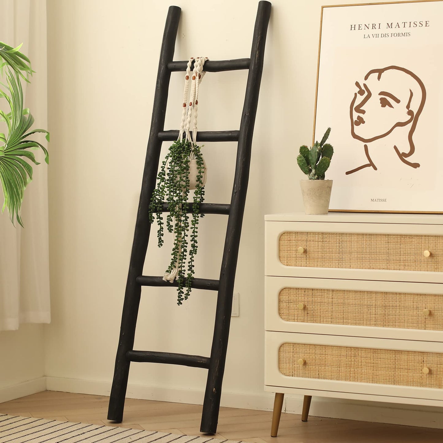 FUIN Fully Assembled 57in Wood Blanket Ladder Living Room Decorative Wall Leaning Farmhouse Quilt Display Holder Rustic Wooden Towel Rack for Bathroom, Unfinished