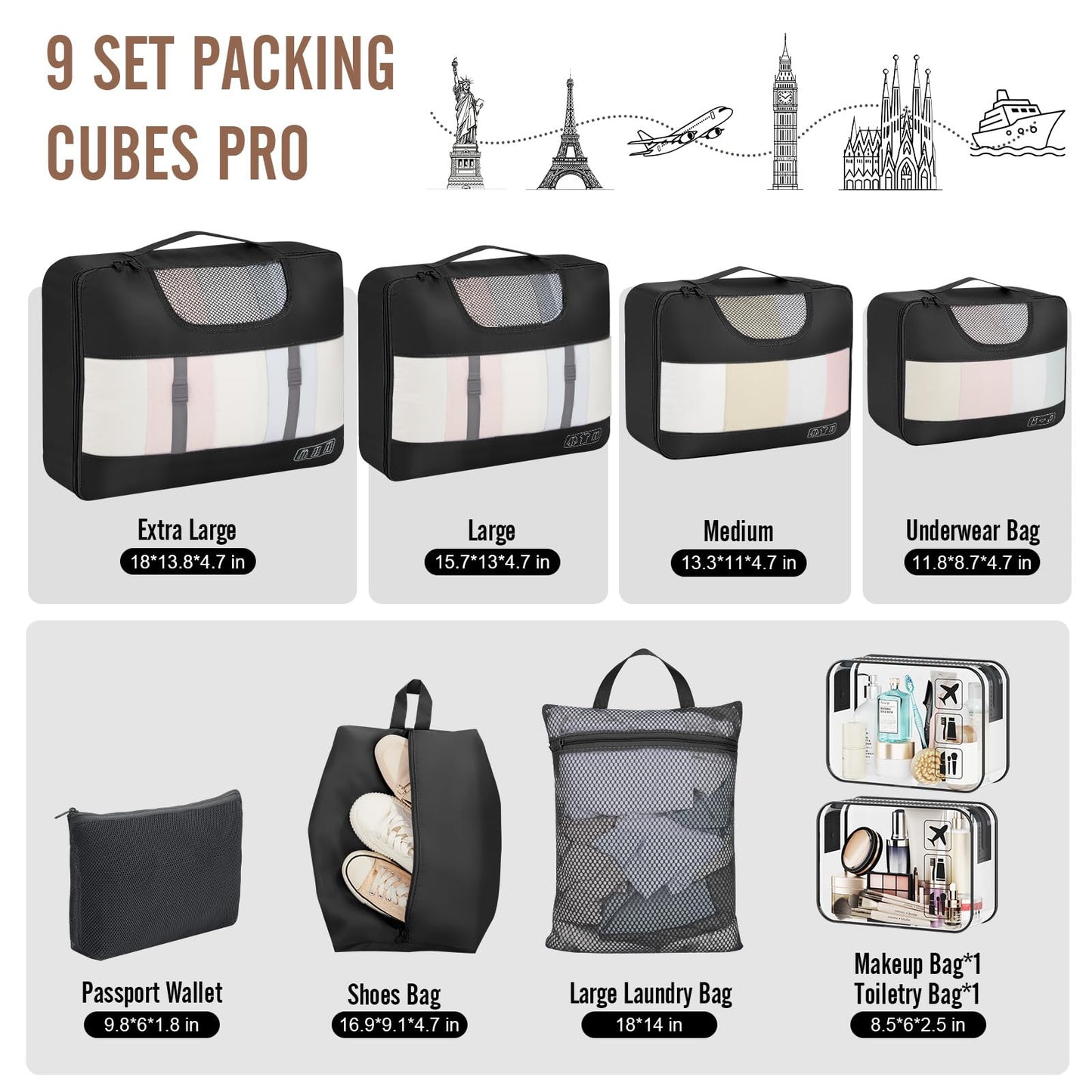 Veken 10 Set/8 Set Packing Cubes for Travel Essentials,Anti-Wrinkle Buckled Suitcase Organizer for Shoe & Toiletry Bag,Carry On Luggage Bag for Airplane & College Dorm Room Accessories,Women Men Gifts