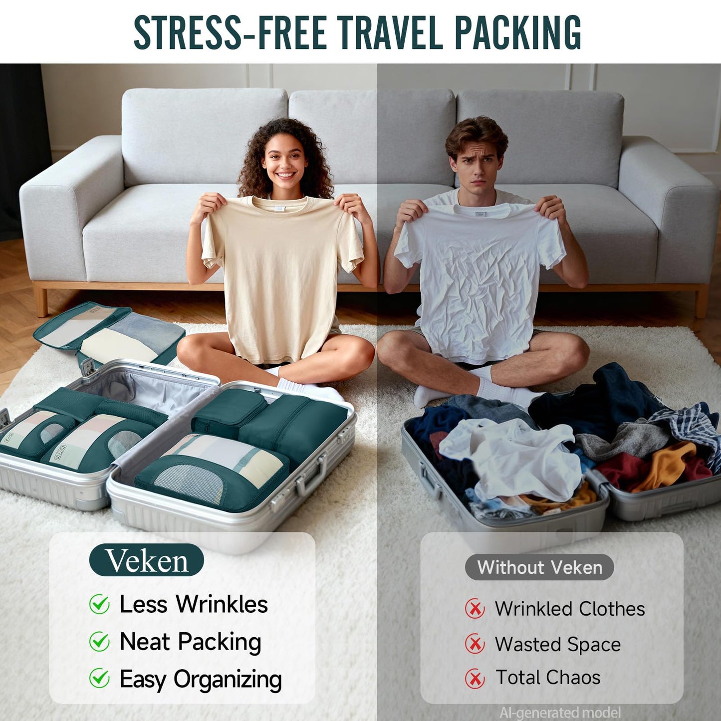 Veken 10 Set/8 Set Packing Cubes for Travel Essentials,Anti-Wrinkle Buckled Suitcase Organizer for Shoe & Toiletry Bag,Carry On Luggage Bag for Airplane & College Dorm Room Accessories,Women Men Gifts
