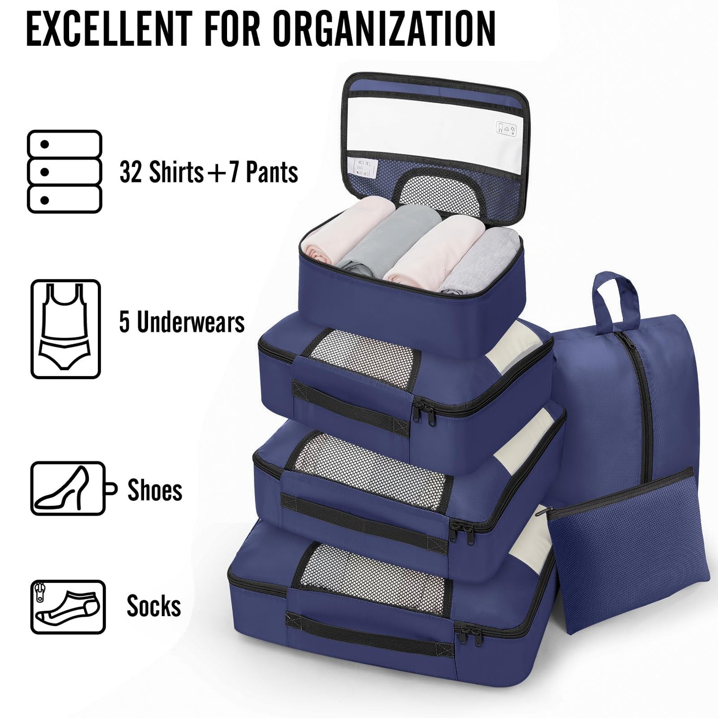 Veken 10 Set/8 Set Packing Cubes for Travel Essentials,Anti-Wrinkle Buckled Suitcase Organizer for Shoe & Toiletry Bag,Carry On Luggage Bag for Airplane & College Dorm Room Accessories,Women Men Gifts