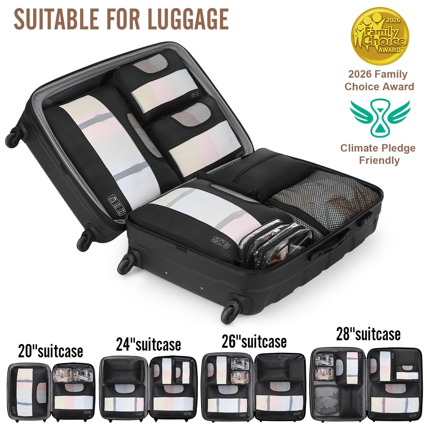 Veken 10 Set/8 Set Packing Cubes for Travel Essentials,Anti-Wrinkle Buckled Suitcase Organizer for Shoe & Toiletry Bag,Carry On Luggage Bag for Airplane & College Dorm Room Accessories,Women Men Gifts