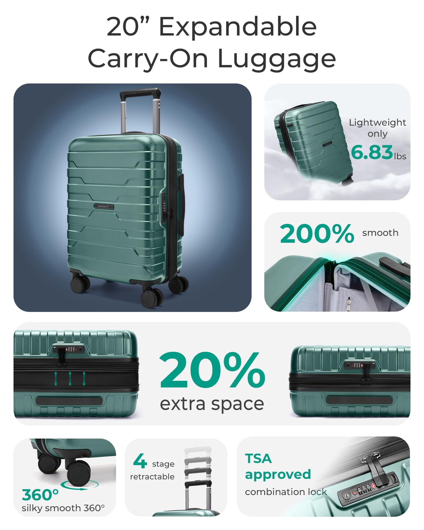 BAGSMART Carry On Luggage 22x14x9 Airline Approved with Spinner Wheels,Lightweight 20 Inch Luggage with TSA Lock,Expandable Hard Shell Carry On Suitcases for Men Women,Pink