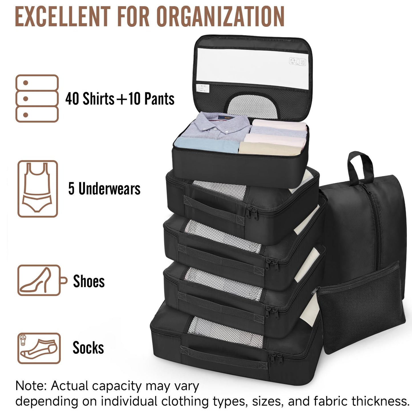 Veken 10 Set/8 Set Packing Cubes for Travel Essentials,Anti-Wrinkle Buckled Suitcase Organizer for Shoe & Toiletry Bag,Carry On Luggage Bag for Airplane & College Dorm Room Accessories,Women Men Gifts
