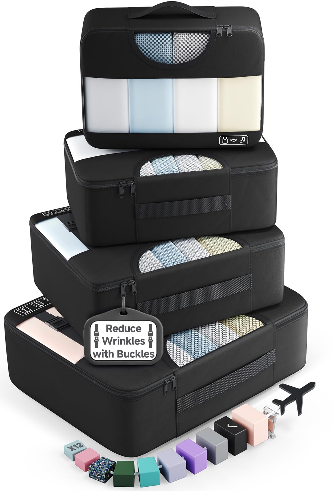 Veken 10 Set/8 Set Packing Cubes for Travel Essentials,Anti-Wrinkle Buckled Suitcase Organizer for Shoe & Toiletry Bag,Carry On Luggage Bag for Airplane & College Dorm Room Accessories,Women Men Gifts