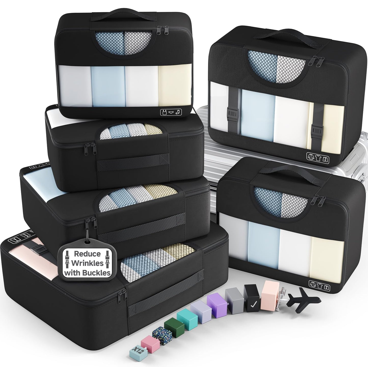 Veken 10 Set/8 Set Packing Cubes for Travel Essentials,Anti-Wrinkle Buckled Suitcase Organizer for Shoe & Toiletry Bag,Carry On Luggage Bag for Airplane & College Dorm Room Accessories,Women Men Gifts
