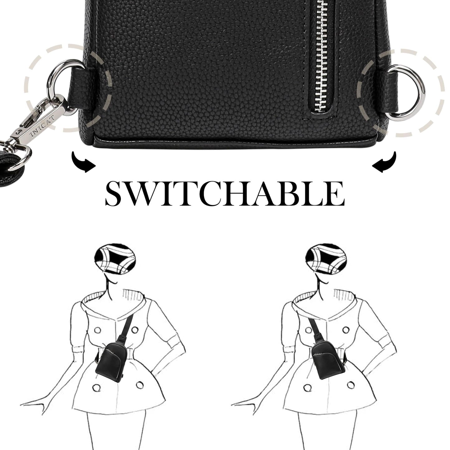 INICAT Travel Sling Bag, Anti Theft Crossbody Bag for Women | RFID Blocking, 8 Card Slots, Back Zippered Pocket, Metal Zippers,Switchable Strap
