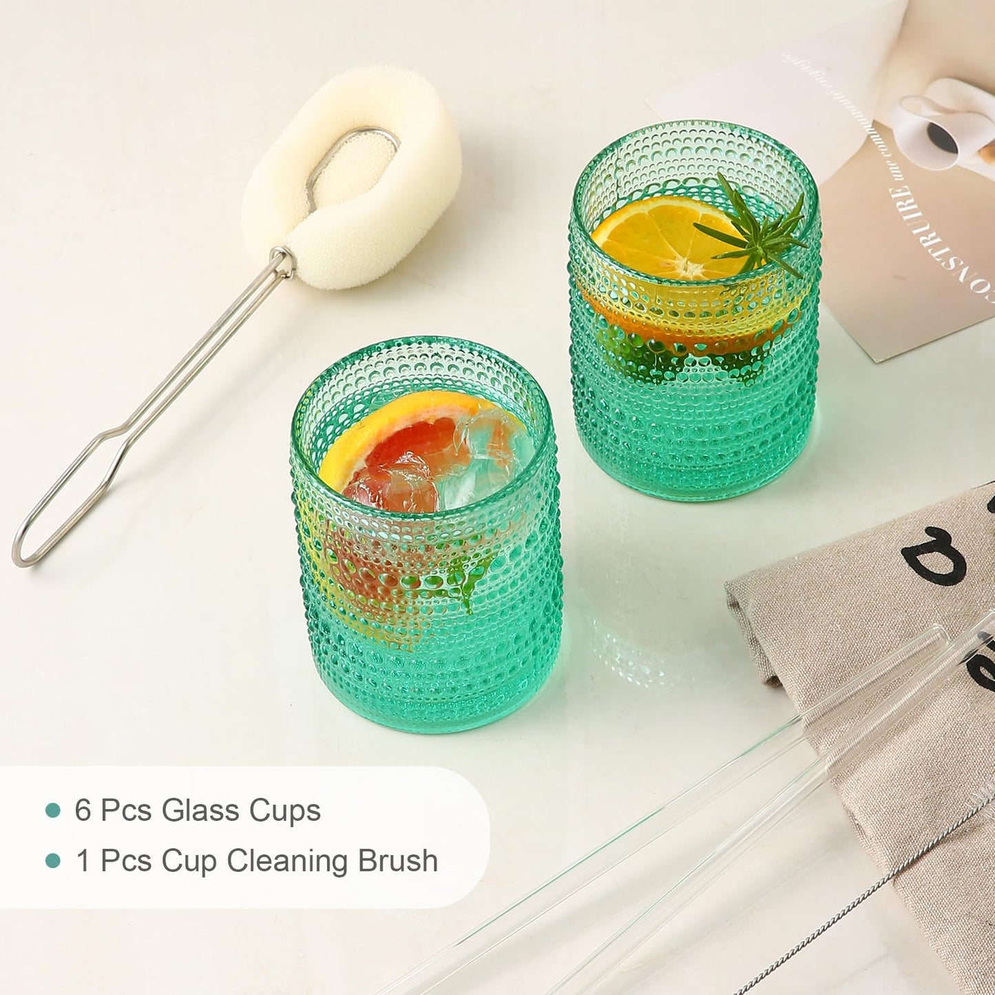 Vintage Glassware Drinking Glasses Set of 6,15 oz Hobnail Glass Cups,Embossed Blue Water Tumbler,for Beer,Cocktail,Whiskey,Juice and Various Mixed Drinks- 1 Cleaning Brush
