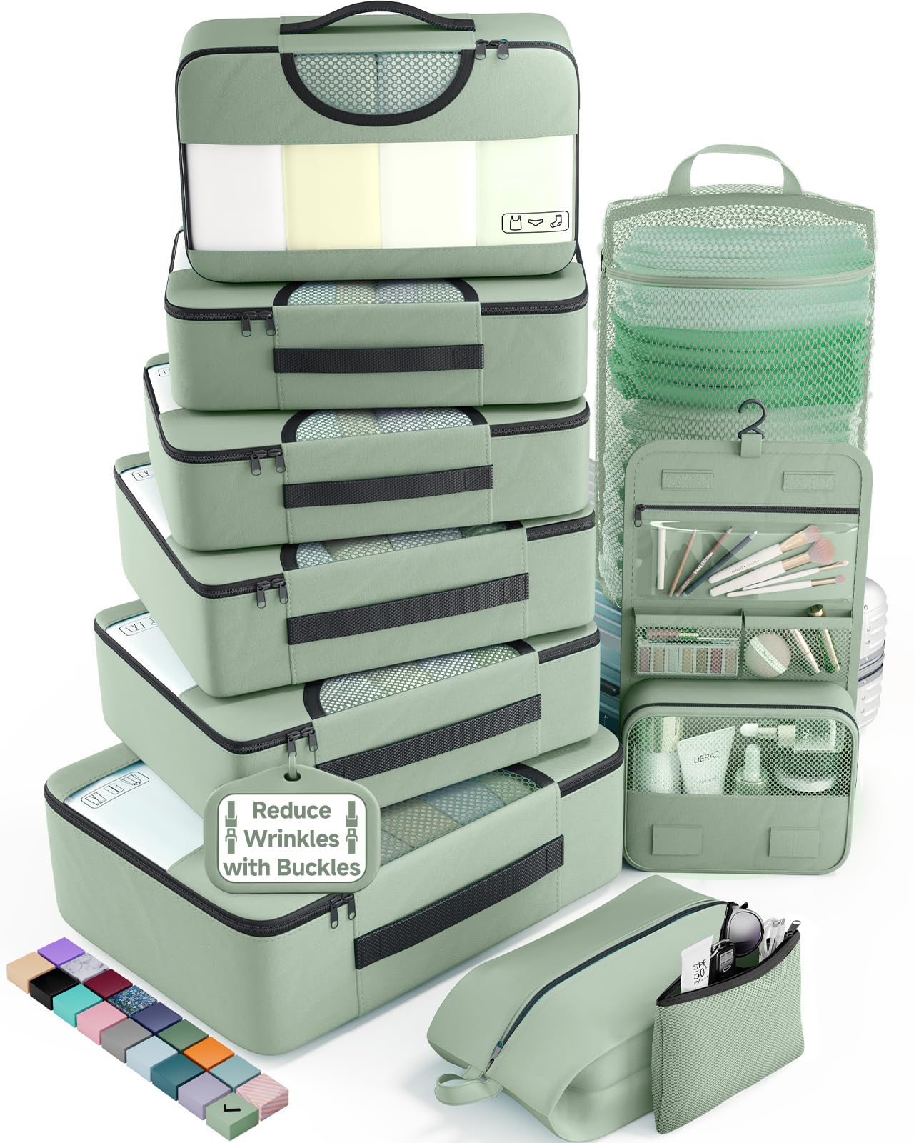 Veken 10 Set/8 Set Packing Cubes for Travel Essentials,Anti-Wrinkle Buckled Suitcase Organizer for Shoe & Toiletry Bag,Carry On Luggage Bag for Airplane & College Dorm Room Accessories,Women Men Gifts