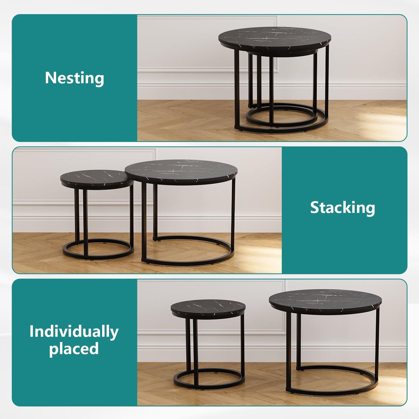 Smuxee Nesting Coffee Table Set of 2, 23.6" Round Coffee Table Wood Grain Top with Adjustable Non-Slip Feet, Industrial End Table Side Tables for Living Room Bedroom Balcony Yard