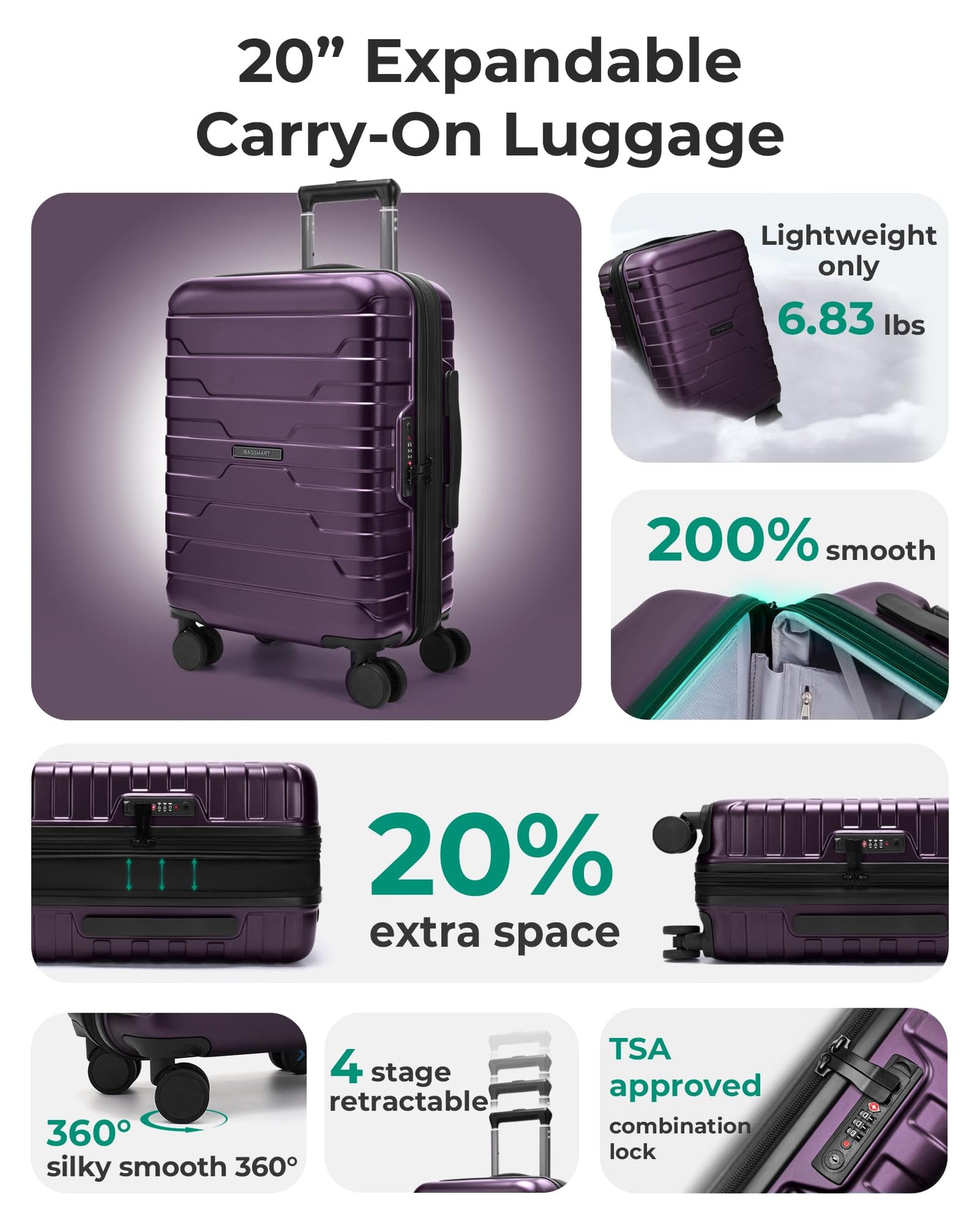BAGSMART Carry On Luggage 22x14x9 Airline Approved with Spinner Wheels,Lightweight 20 Inch Luggage with TSA Lock,Expandable Hard Shell Carry On Suitcases for Men Women,Pink
