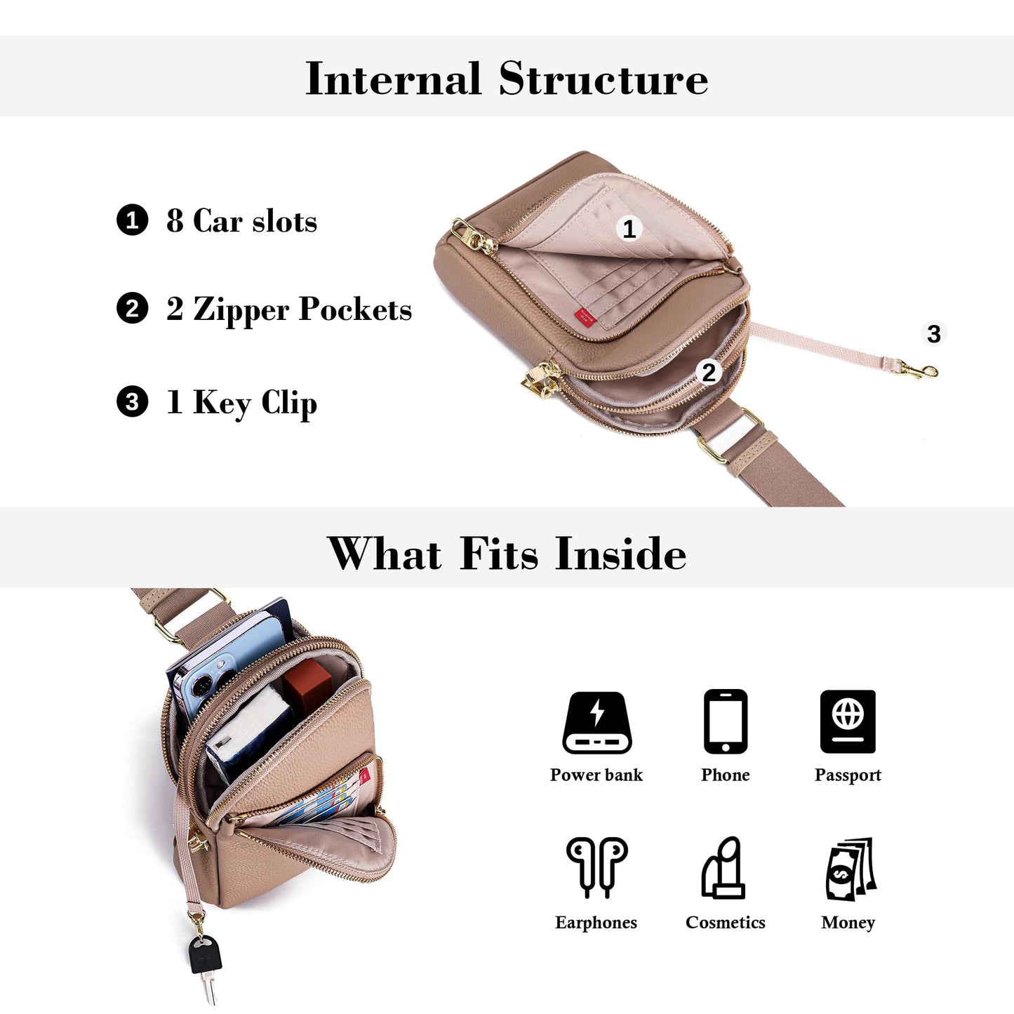 INICAT Travel Sling Bag, Anti Theft Crossbody Bag for Women | RFID Blocking, 8 Card Slots, Back Zippered Pocket, Metal Zippers,Switchable Strap