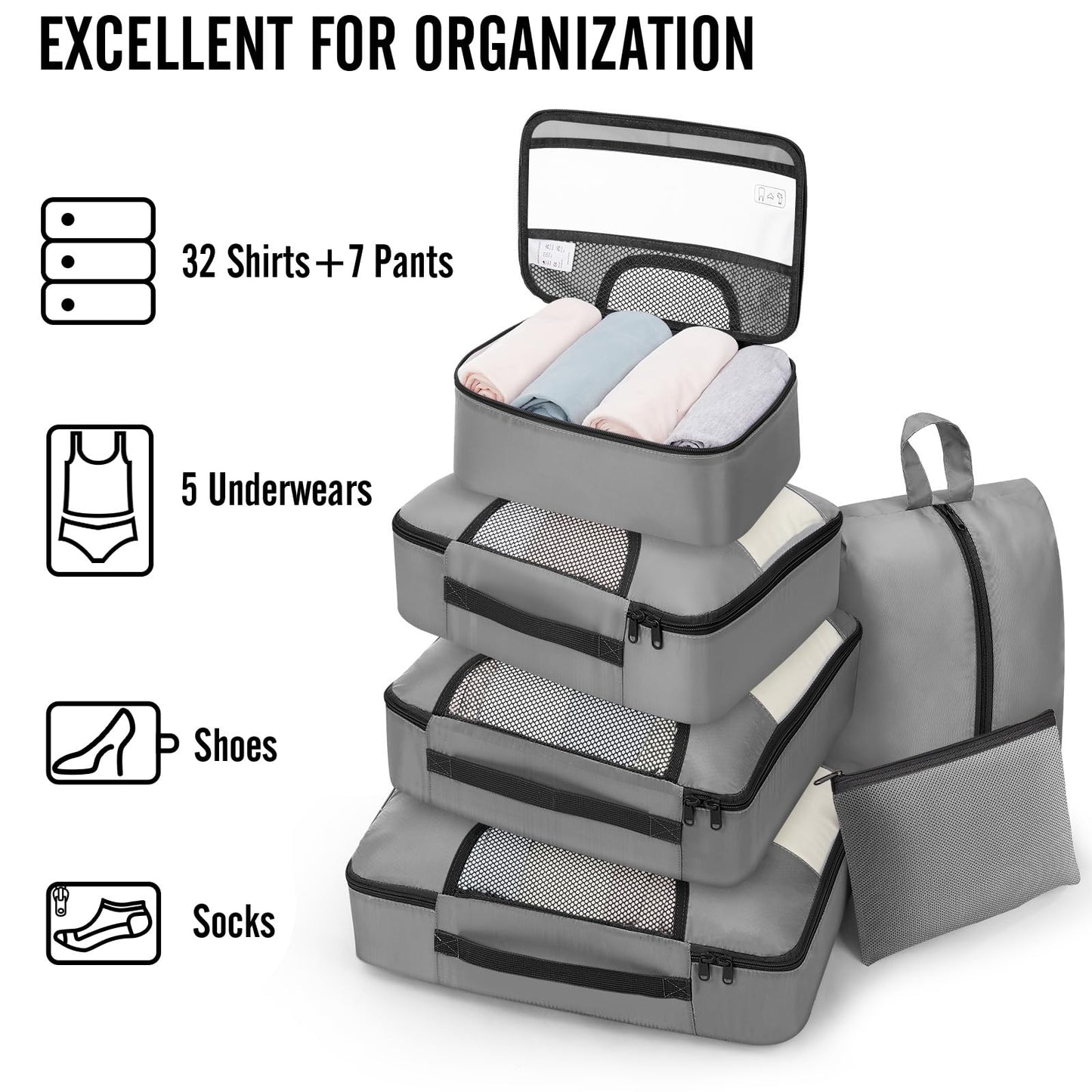Veken 10 Set/8 Set Packing Cubes for Travel Essentials,Anti-Wrinkle Buckled Suitcase Organizer for Shoe & Toiletry Bag,Carry On Luggage Bag for Airplane & College Dorm Room Accessories,Women Men Gifts