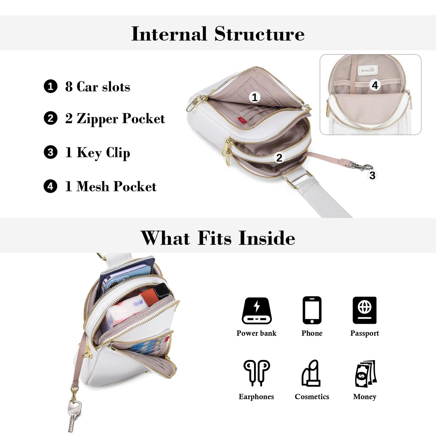 INICAT Travel Sling Bag, Anti Theft Crossbody Bag for Women | RFID Blocking, 8 Card Slots, Back Zippered Pocket, Metal Zippers,Switchable Strap