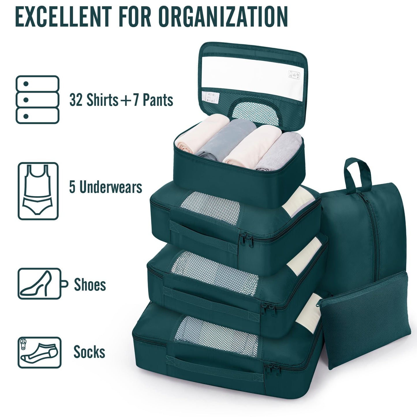 Veken 10 Set/8 Set Packing Cubes for Travel Essentials,Anti-Wrinkle Buckled Suitcase Organizer for Shoe & Toiletry Bag,Carry On Luggage Bag for Airplane & College Dorm Room Accessories,Women Men Gifts