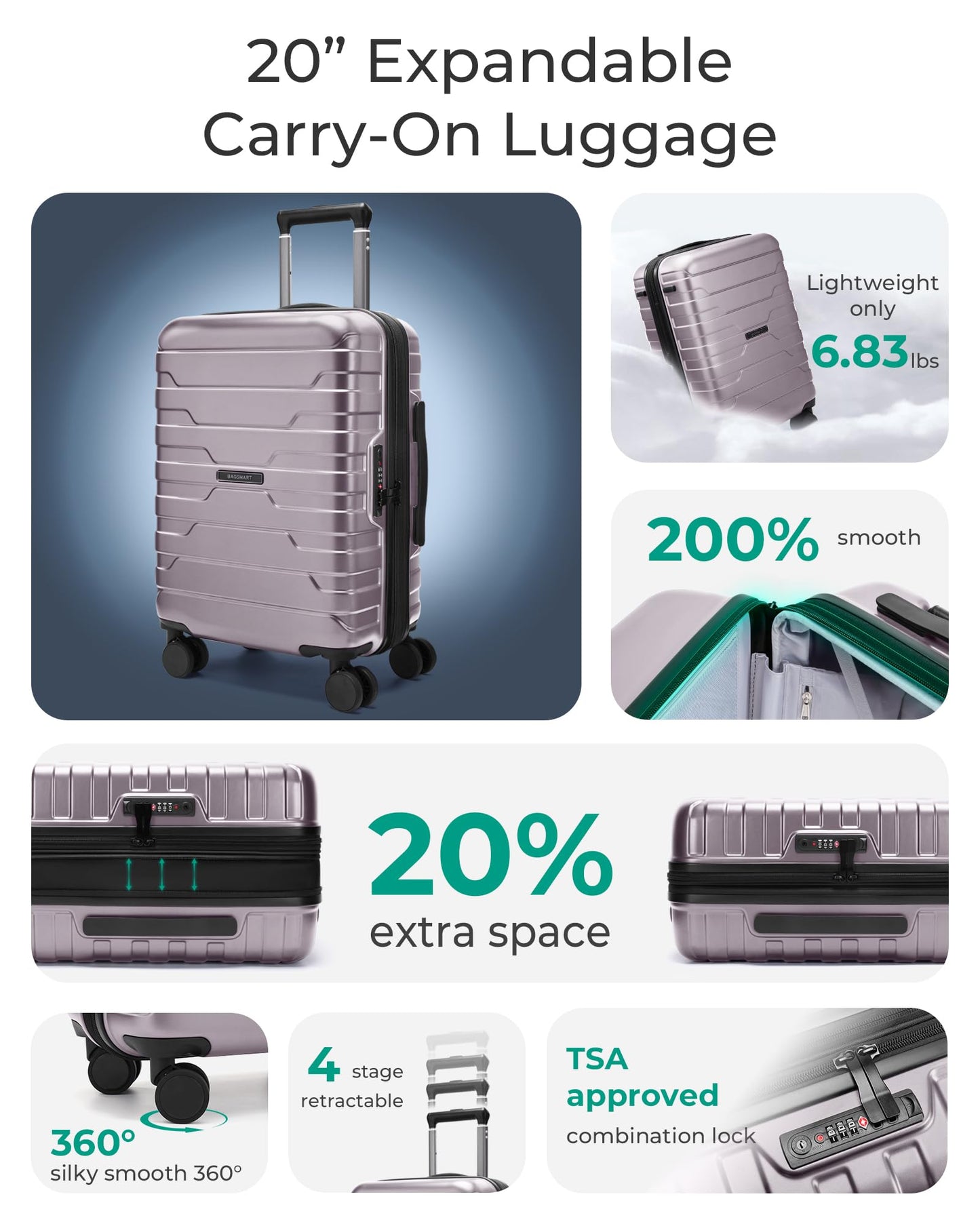 BAGSMART Carry On Luggage 22x14x9 Airline Approved with Spinner Wheels,Lightweight 20 Inch Luggage with TSA Lock,Expandable Hard Shell Carry On Suitcases for Men Women,Pink