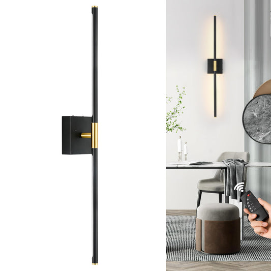 Battery Operated Wall Sconces Set of 2, Dimmable Battery Wall Sconce with Remote Control, Black Gold LED Rechargeable Sconces, 24 Inch Modern Wireless Wall Lights for Bedroom, Living Room