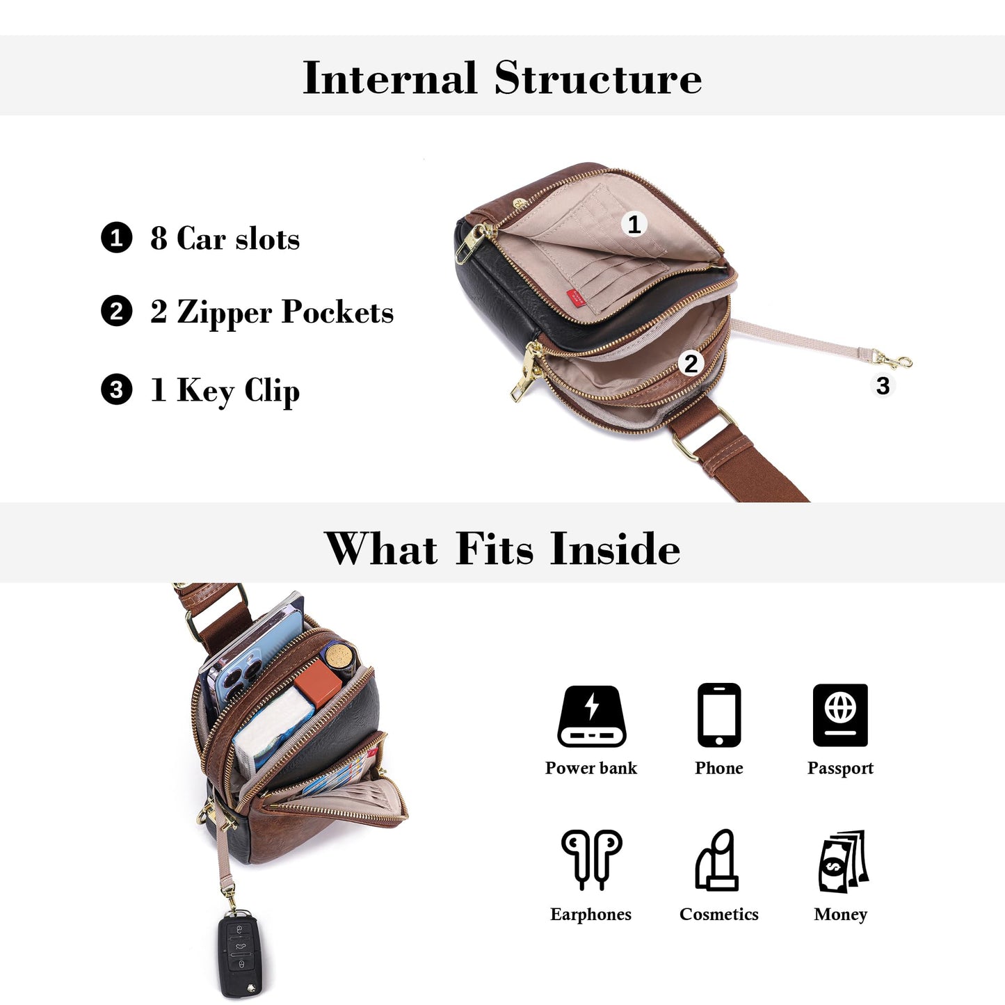 INICAT Travel Sling Bag, Anti Theft Crossbody Bag for Women | RFID Blocking, 8 Card Slots, Back Zippered Pocket, Metal Zippers,Switchable Strap
