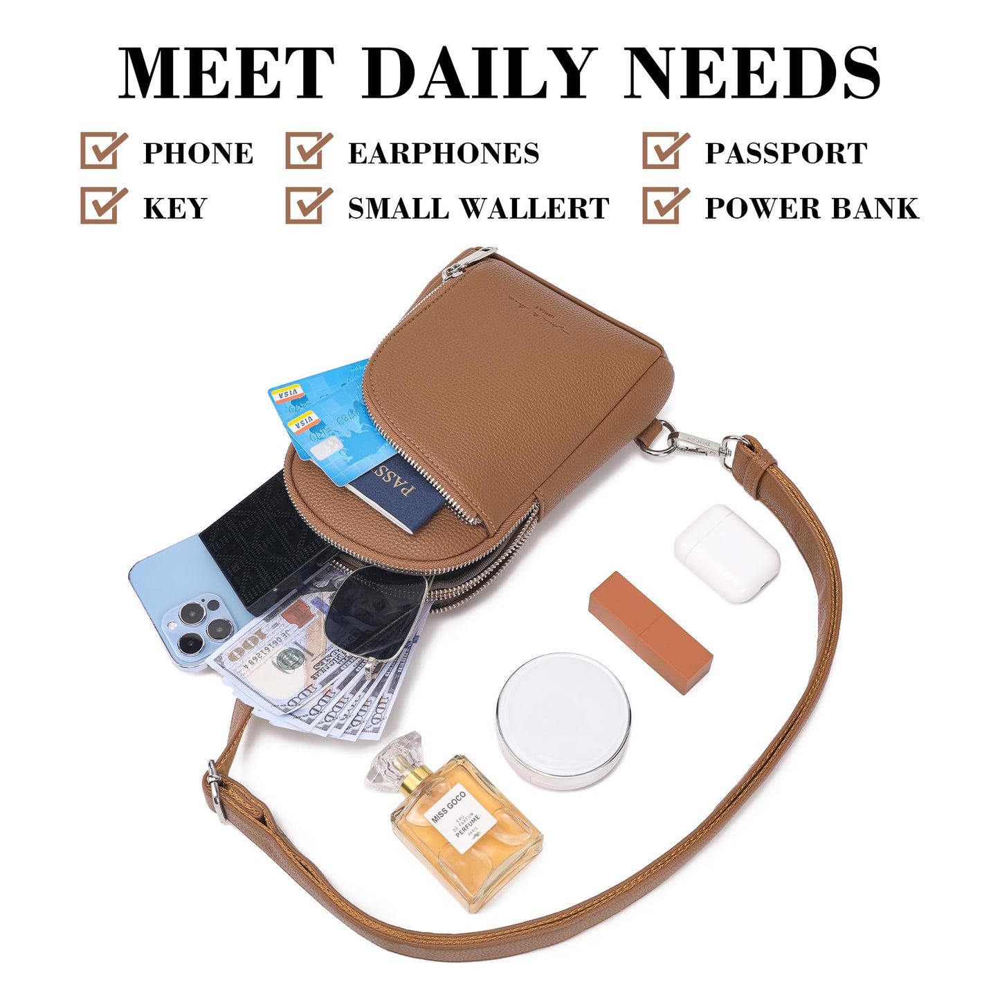 INICAT Travel Sling Bag, Anti Theft Crossbody Bag for Women | RFID Blocking, 8 Card Slots, Back Zippered Pocket, Metal Zippers,Switchable Strap