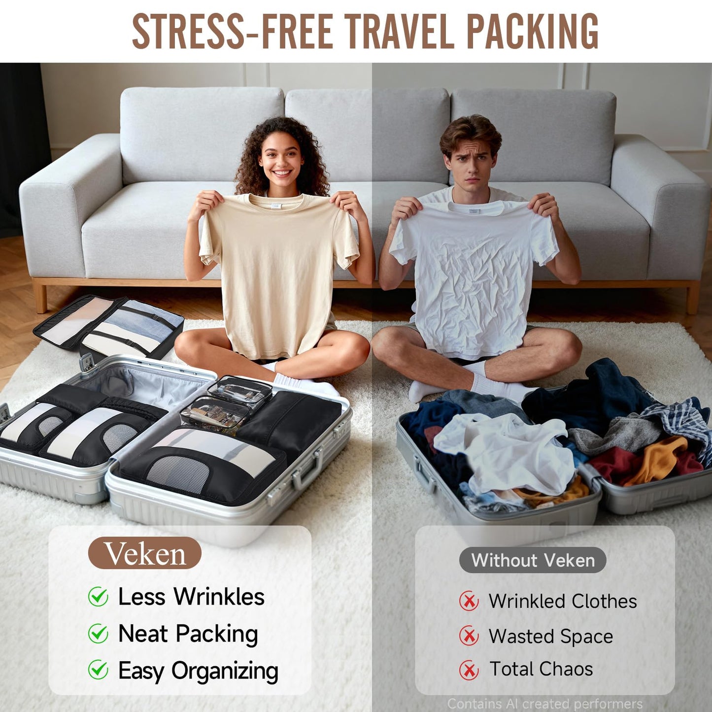 Veken 10 Set/8 Set Packing Cubes for Travel Essentials,Anti-Wrinkle Buckled Suitcase Organizer for Shoe & Toiletry Bag,Carry On Luggage Bag for Airplane & College Dorm Room Accessories,Women Men Gifts