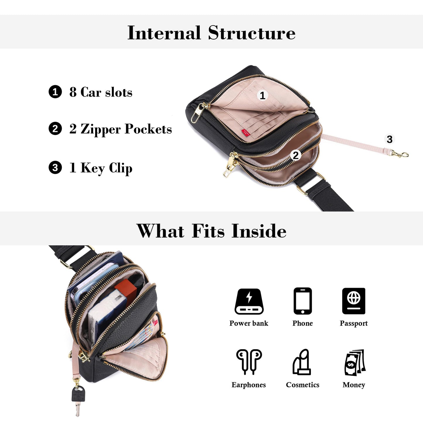 INICAT Travel Sling Bag, Anti Theft Crossbody Bag for Women | RFID Blocking, 8 Card Slots, Back Zippered Pocket, Metal Zippers,Switchable Strap