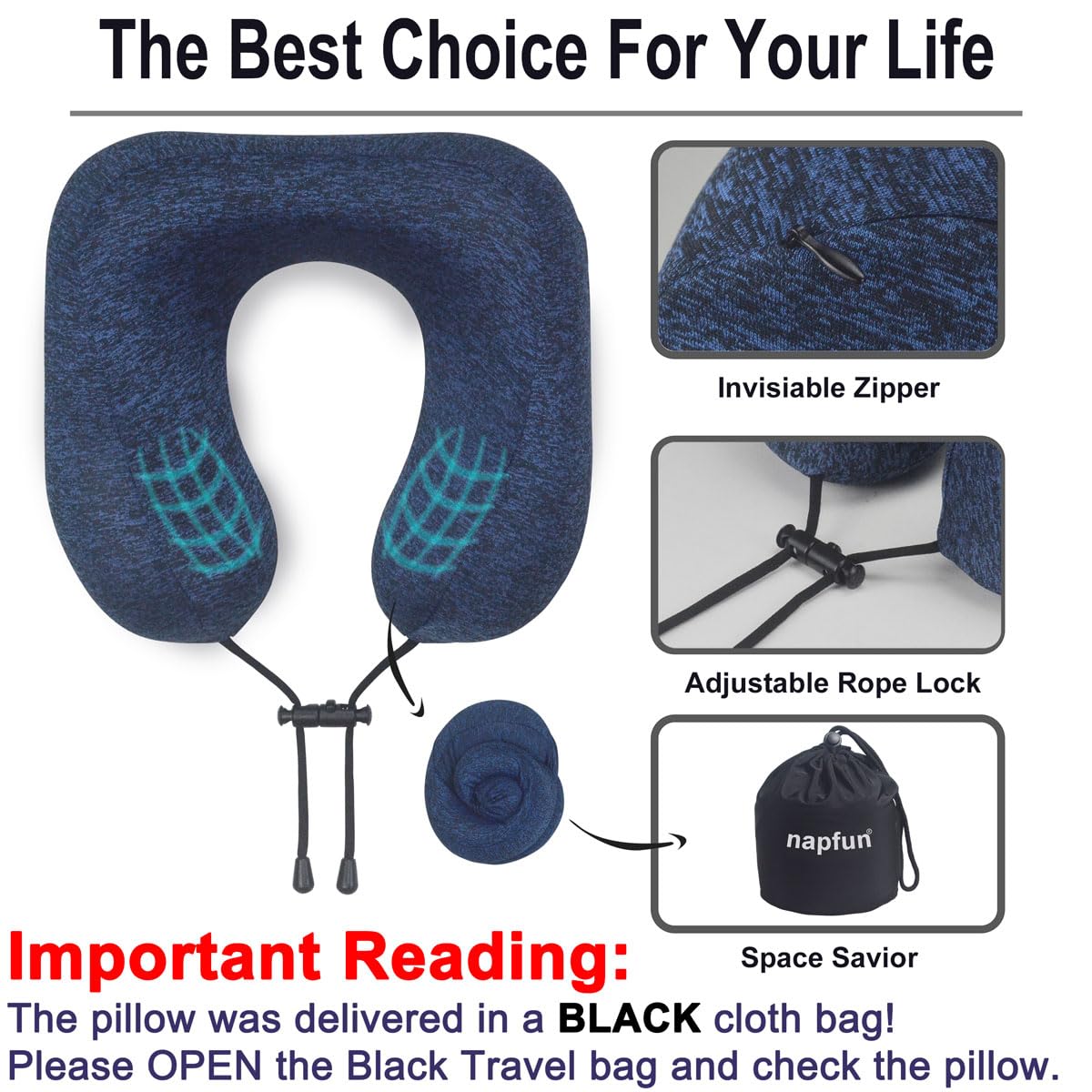 napfun Neck Pillow for Traveling, Upgraded Travel Neck Pillow for Airplane 100% Pure Memory Foam Travel Pillow for Flight Headrest Sleep, Portable Plane Accessories, Full Black