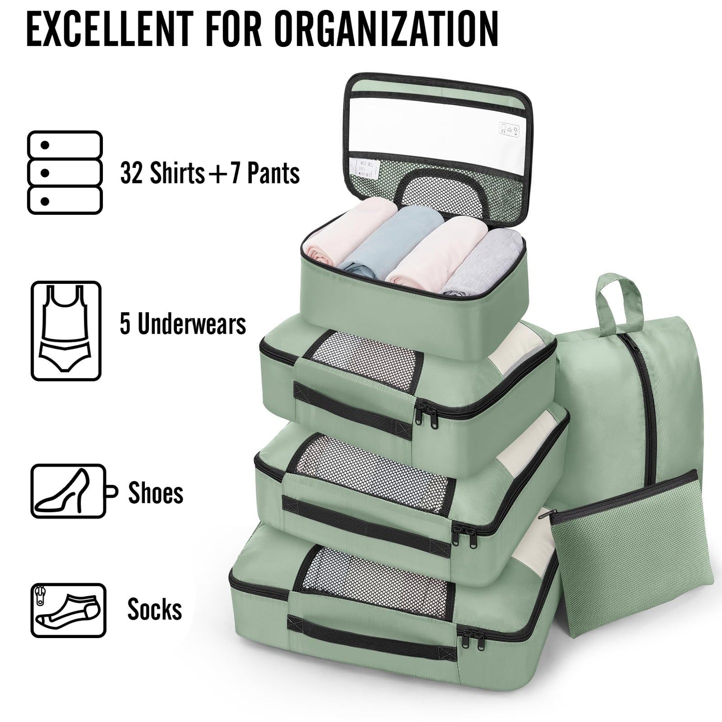 Veken 10 Set/8 Set Packing Cubes for Travel Essentials,Anti-Wrinkle Buckled Suitcase Organizer for Shoe & Toiletry Bag,Carry On Luggage Bag for Airplane & College Dorm Room Accessories,Women Men Gifts