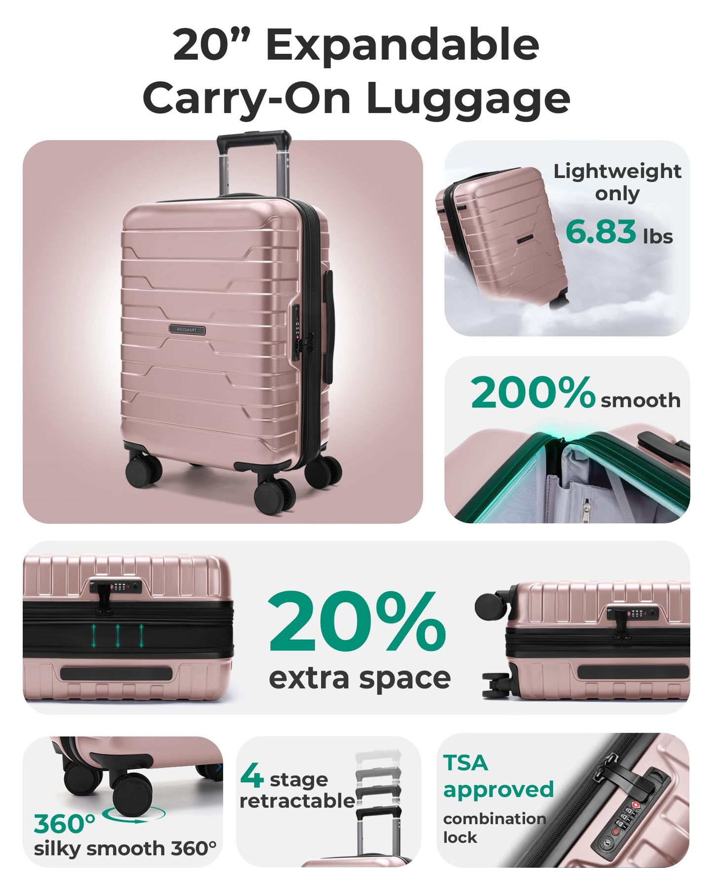 BAGSMART Carry On Luggage 22x14x9 Airline Approved with Spinner Wheels,Lightweight 20 Inch Luggage with TSA Lock,Expandable Hard Shell Carry On Suitcases for Men Women,Pink
