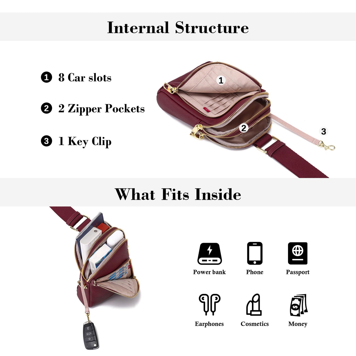 INICAT Travel Sling Bag, Anti Theft Crossbody Bag for Women | RFID Blocking, 8 Card Slots, Back Zippered Pocket, Metal Zippers,Switchable Strap