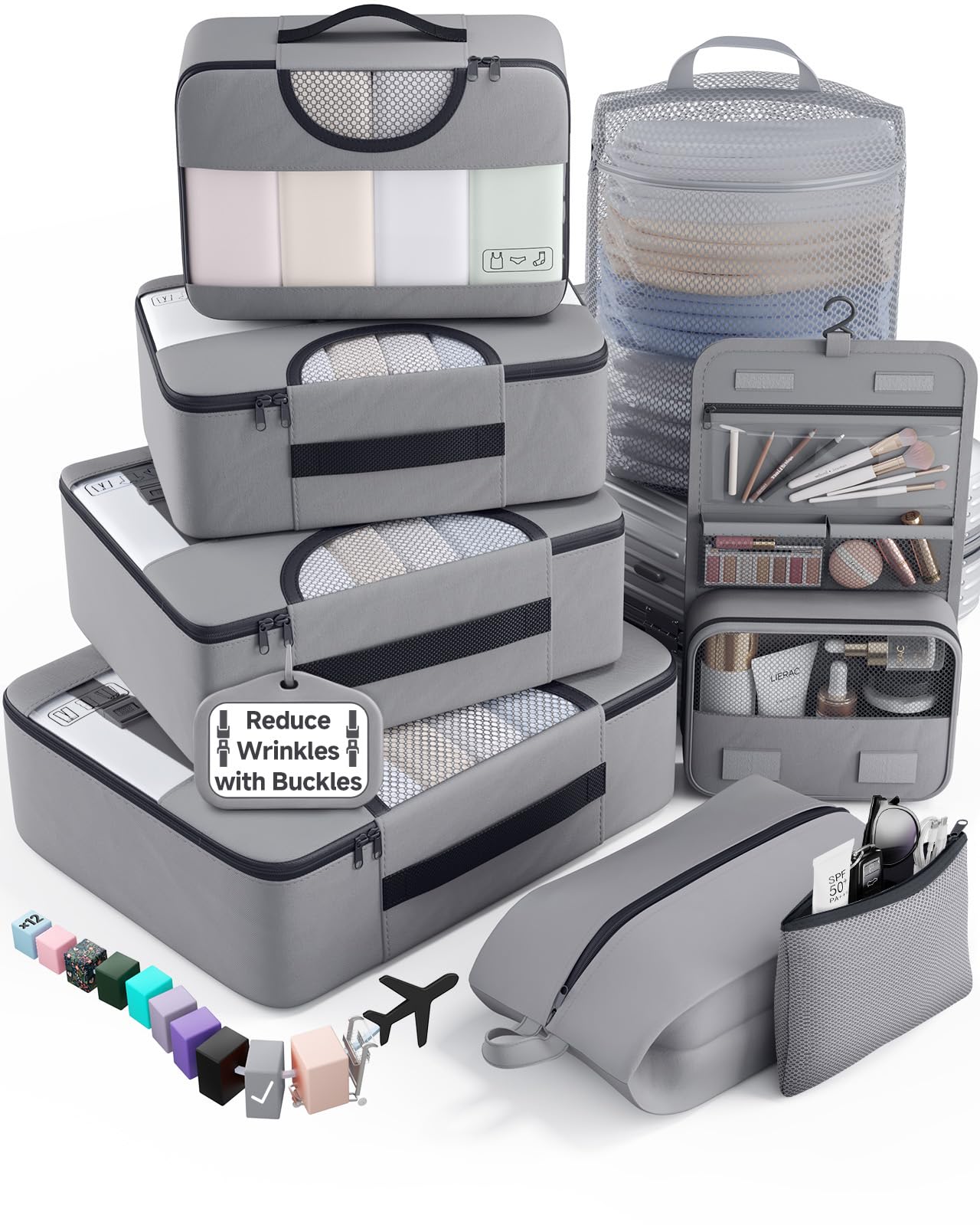 Veken 10 Set/8 Set Packing Cubes for Travel Essentials,Anti-Wrinkle Buckled Suitcase Organizer for Shoe & Toiletry Bag,Carry On Luggage Bag for Airplane & College Dorm Room Accessories,Women Men Gifts