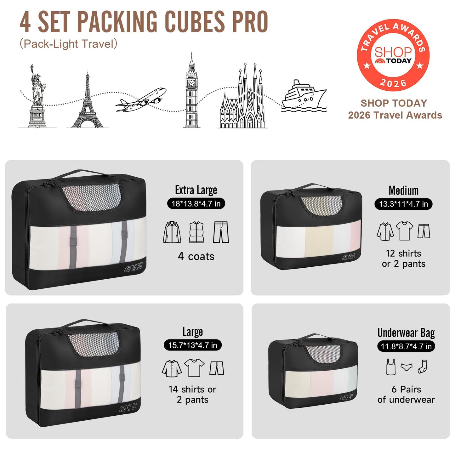 Veken 10 Set/8 Set Packing Cubes for Travel Essentials,Anti-Wrinkle Buckled Suitcase Organizer for Shoe & Toiletry Bag,Carry On Luggage Bag for Airplane & College Dorm Room Accessories,Women Men Gifts