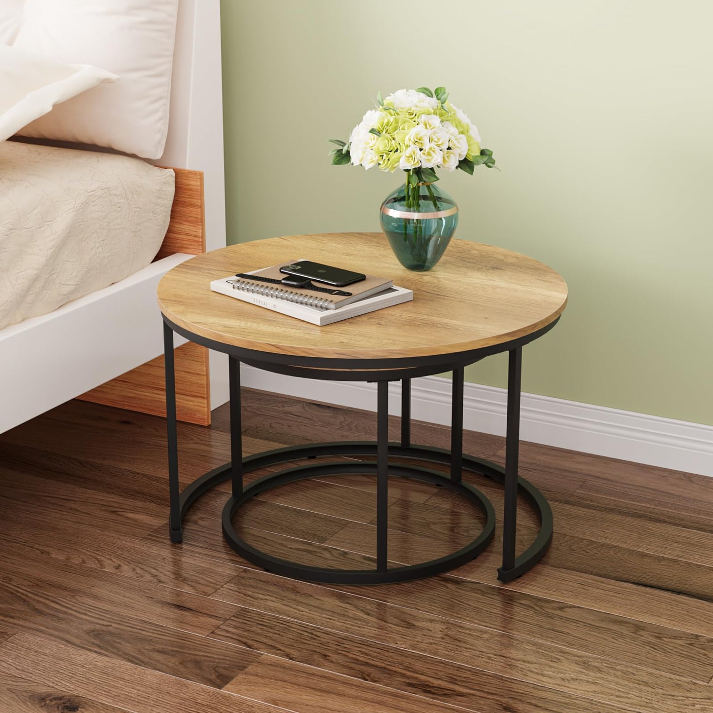 Smuxee Nesting Coffee Table Set of 2, 23.6" Round Coffee Table Wood Grain Top with Adjustable Non-Slip Feet, Industrial End Table Side Tables for Living Room Bedroom Balcony Yard