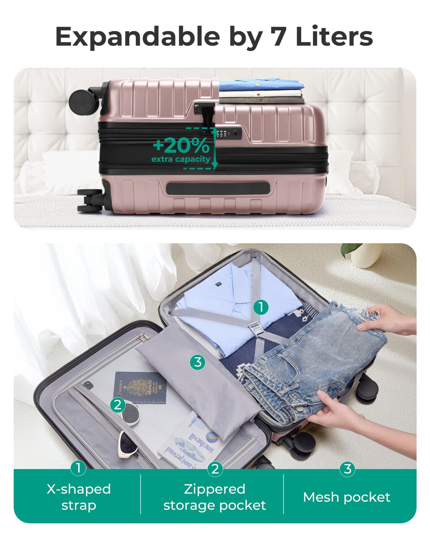 BAGSMART Carry On Luggage 22x14x9 Airline Approved with Spinner Wheels,Lightweight 20 Inch Luggage with TSA Lock,Expandable Hard Shell Carry On Suitcases for Men Women,Pink