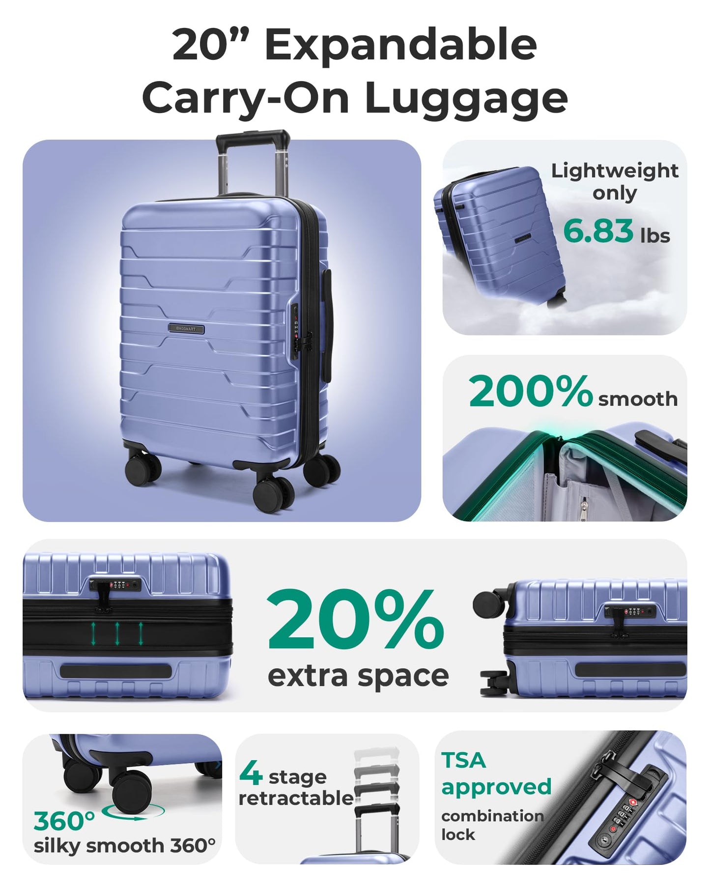 BAGSMART Carry On Luggage 22x14x9 Airline Approved with Spinner Wheels,Lightweight 20 Inch Luggage with TSA Lock,Expandable Hard Shell Carry On Suitcases for Men Women,Pink