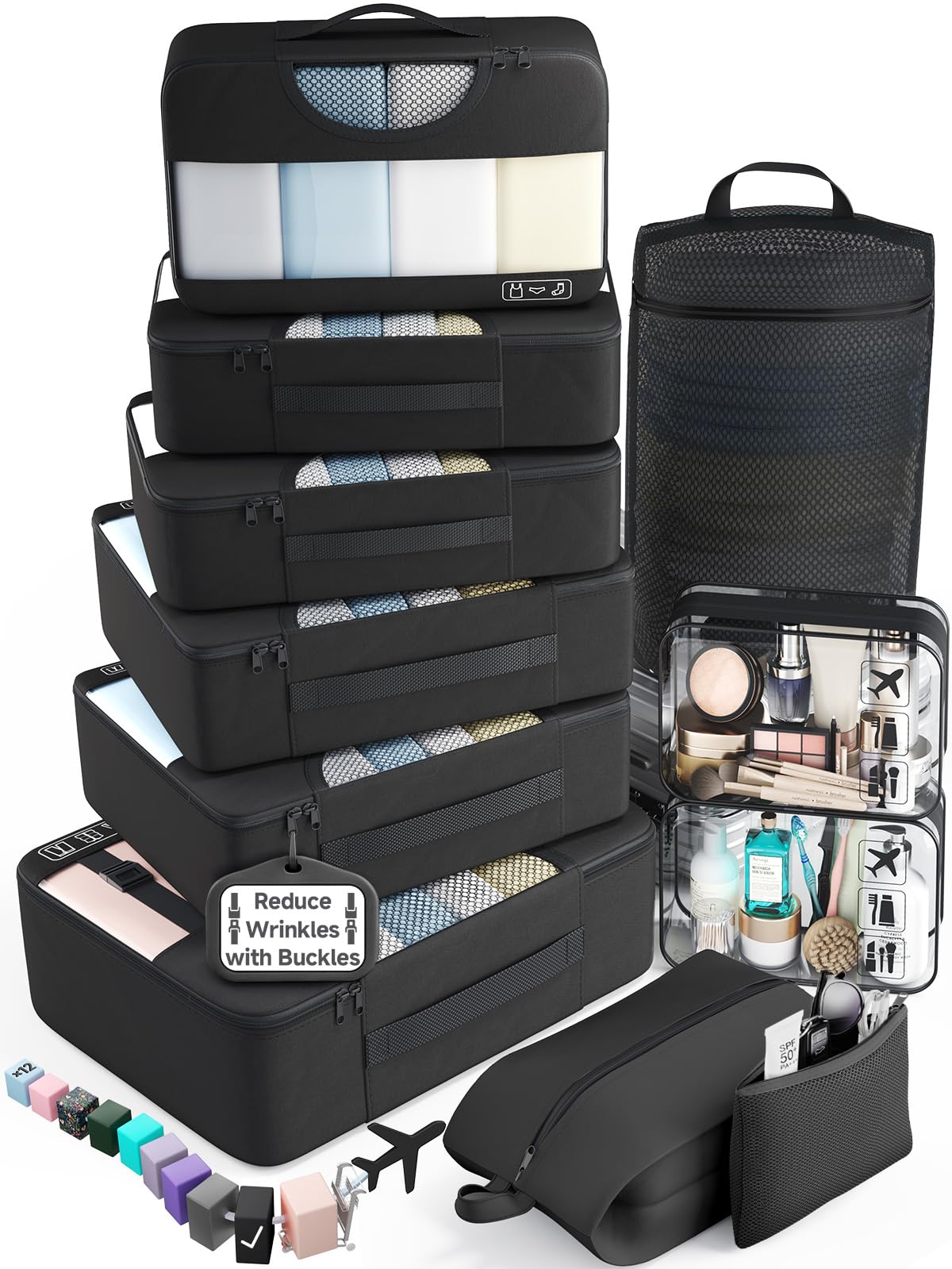 Veken 10 Set/8 Set Packing Cubes for Travel Essentials,Anti-Wrinkle Buckled Suitcase Organizer for Shoe & Toiletry Bag,Carry On Luggage Bag for Airplane & College Dorm Room Accessories,Women Men Gifts