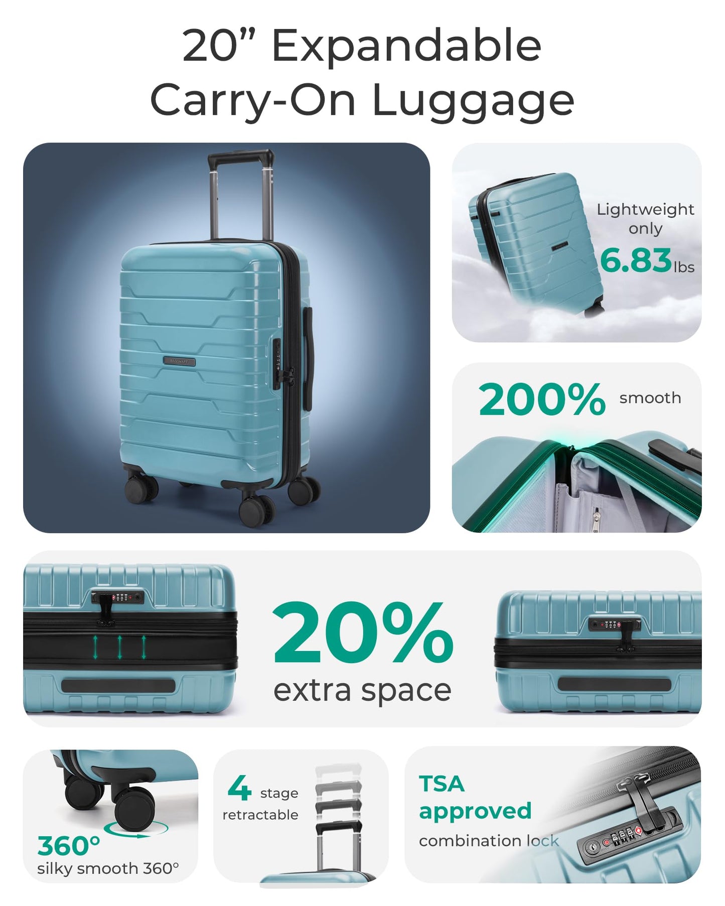 BAGSMART Carry On Luggage 22x14x9 Airline Approved with Spinner Wheels,Lightweight 20 Inch Luggage with TSA Lock,Expandable Hard Shell Carry On Suitcases for Men Women,Pink