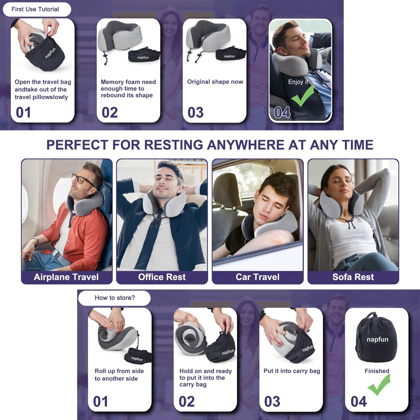 napfun Neck Pillow for Traveling, Upgraded Travel Neck Pillow for Airplane 100% Pure Memory Foam Travel Pillow for Flight Headrest Sleep, Portable Plane Accessories, Full Black