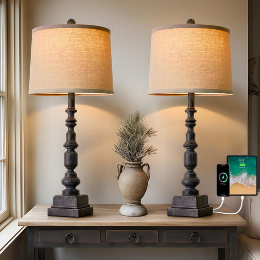 Oneach 27.75" Vintage Farmhouse USB A+C Table Lamps Set of 2 for Living Room Traditional Bedside Lamps for Bedroom Office Mid Century Table Lamp Antique Grey Accent Rustic Lamps for End Table