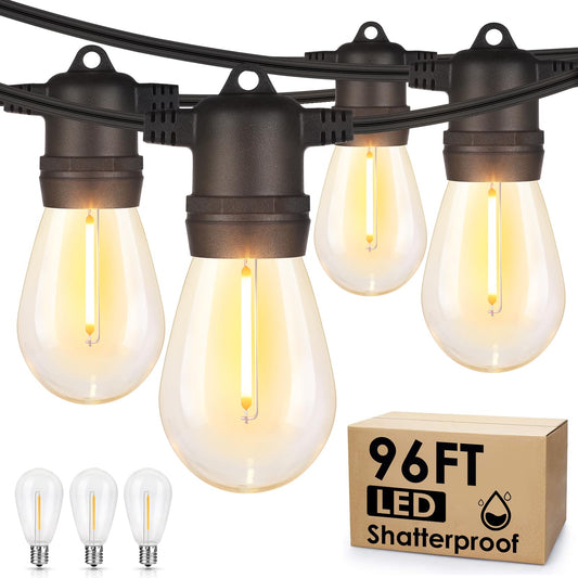 96FT LED Outdoor String Lights, Waterproof Patio Lights with 30+2 2700K Dimmable Shatterproof Edison Hanging Bulbs for Backyard Party-Black