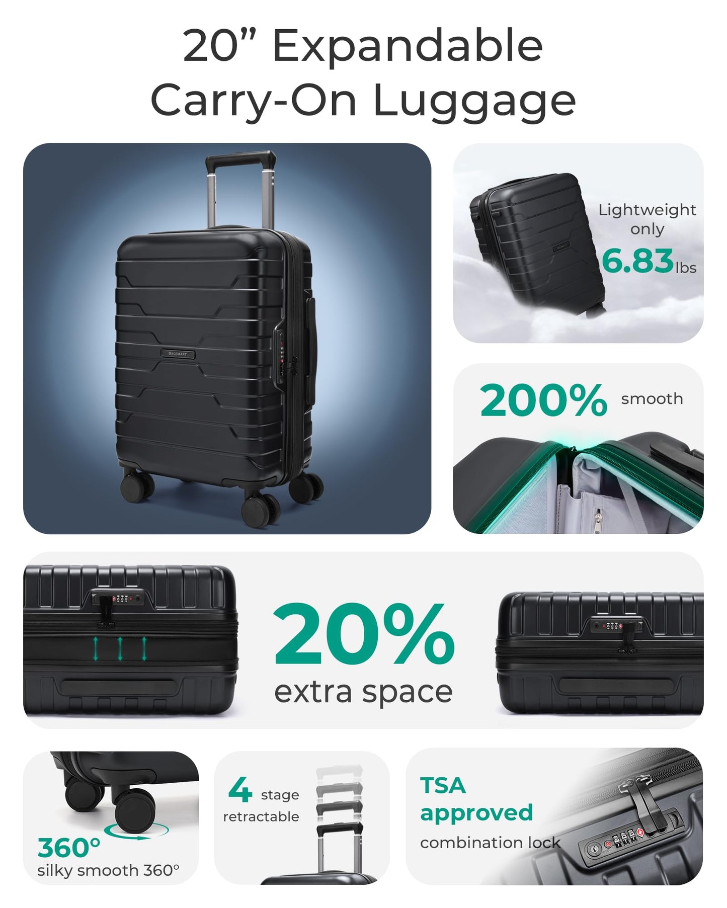BAGSMART Carry On Luggage 22x14x9 Airline Approved with Spinner Wheels,Lightweight 20 Inch Luggage with TSA Lock,Expandable Hard Shell Carry On Suitcases for Men Women,Pink